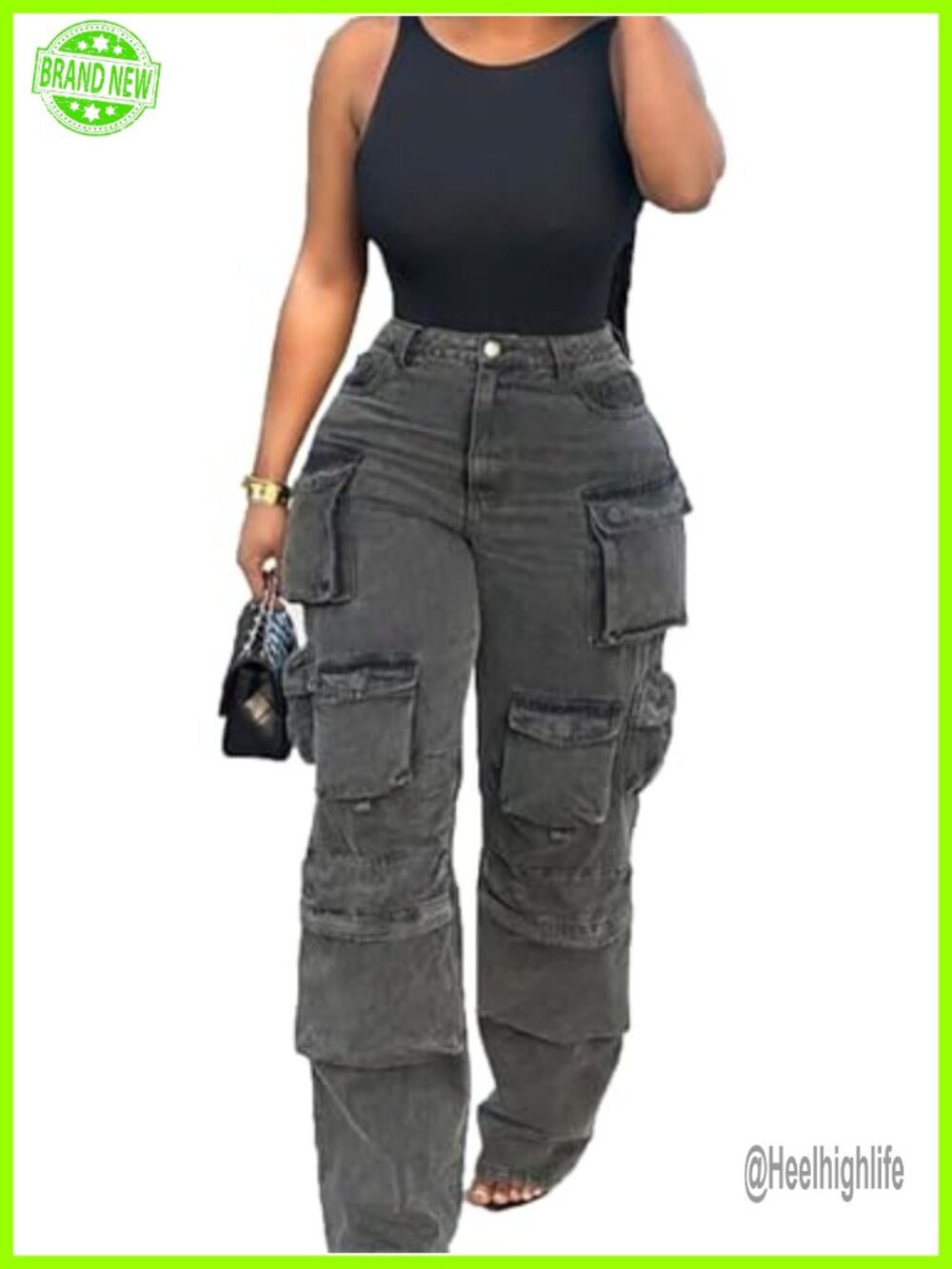 Lucuna Women Cargo Jeans High Waisted Wide Leg Polyester Spandex Denim Pants